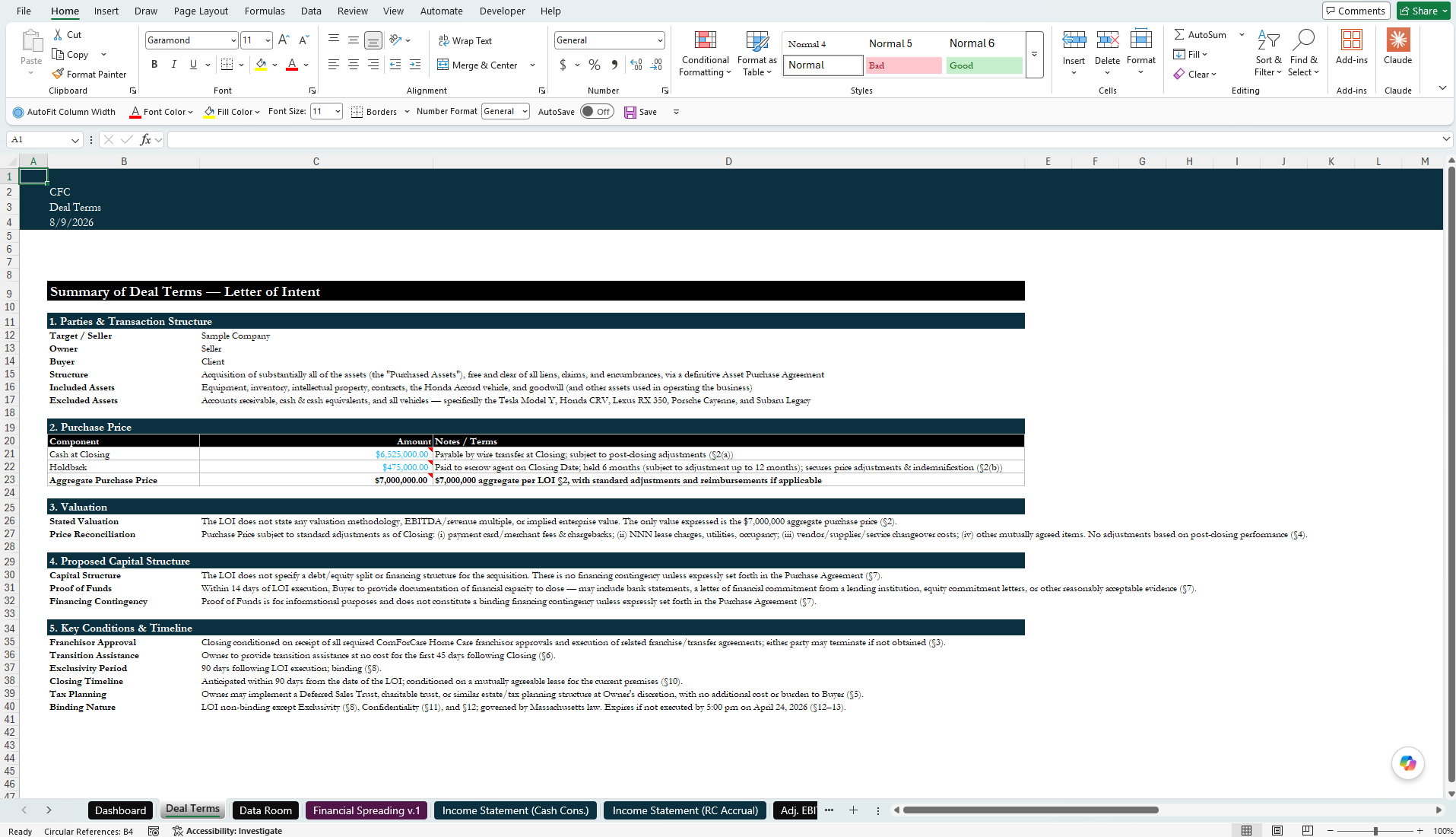 Databook working file in Excel showing the summary of deal terms schedule